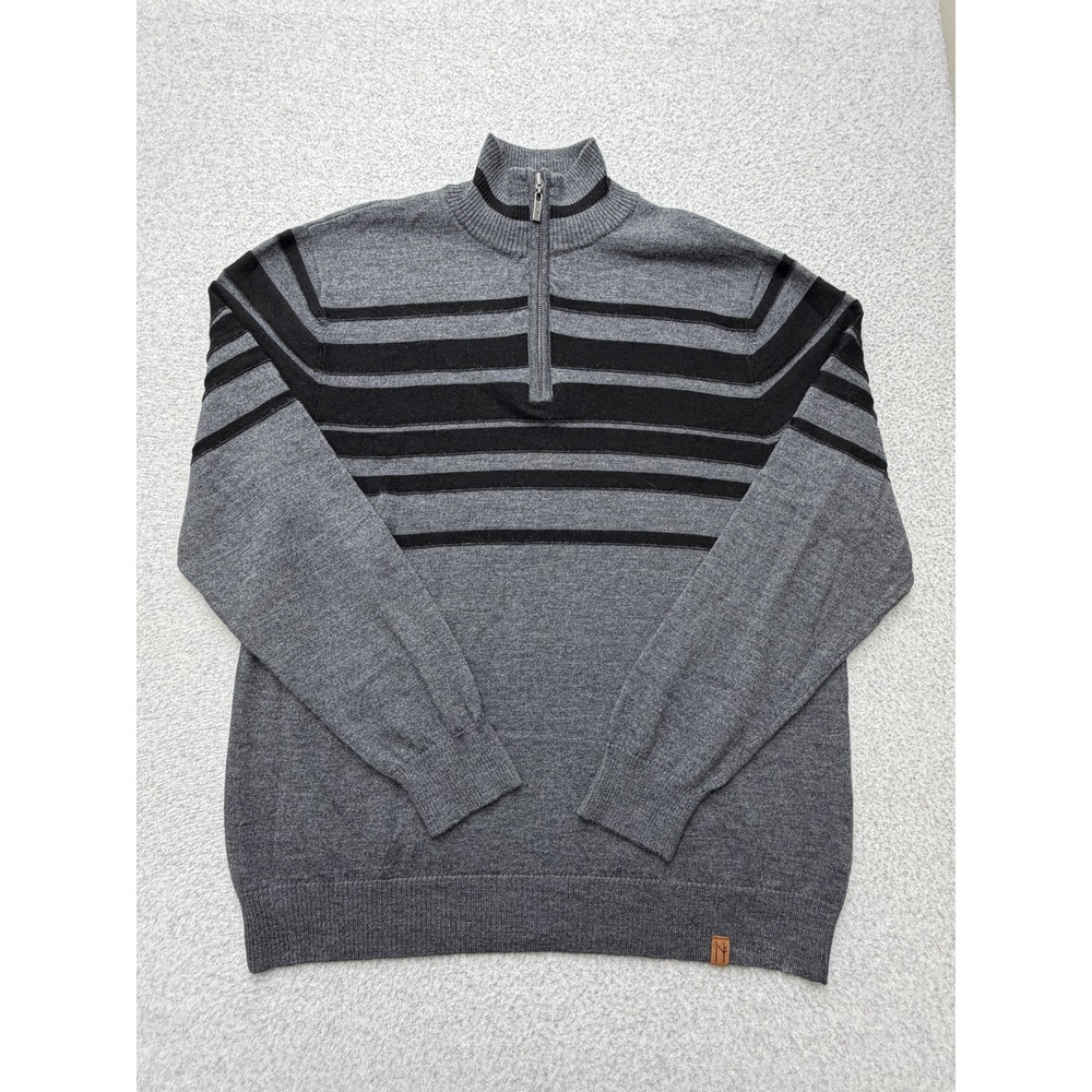 Neve Sweater Mens XL Gray Black 100% Merino Wool 1/4 Zip Mock Neck Striped Knit